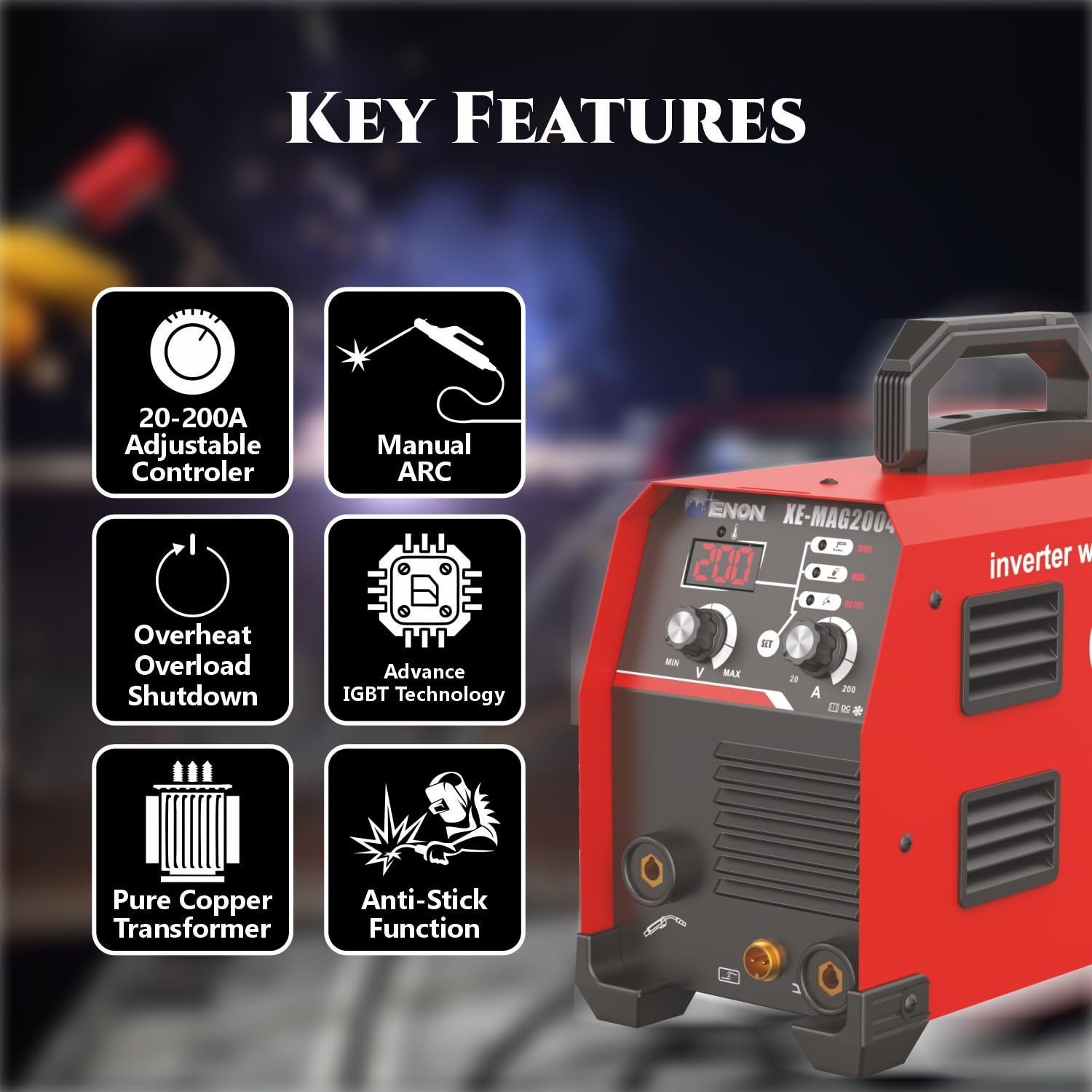 ENON Inverter Welding Machine 200 amp MAG/MMA/TIG Lift140-1KG, (Advanced IGBT) Single Phase Power Welder, 8200W, Hot Start, ARC Force, Anti-Stick, Portable, DIY Welder Machine (XE-MAG2004) ENON Inverter Welding Machine 200 amp MAG/MMA/TIG Lift140-1KG, (Advanced IGBT) Single Phase Power Welder, 8200W, Hot Start, ARC Force, Anti-Stick, Portable, DIY Welder Machine (XE-MAG2004)
